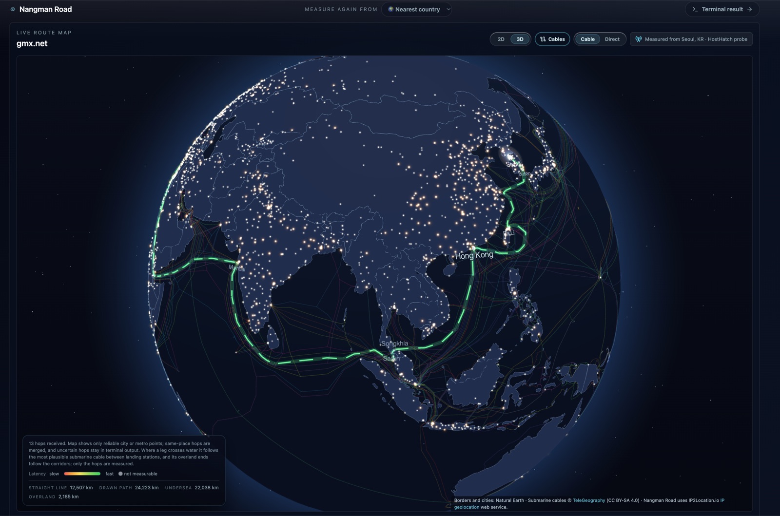 서울에서 독일 gmx.net까지 13홉, 24,223 km 경로를 야간 지구본 위에 그린 Nangman Road 화면